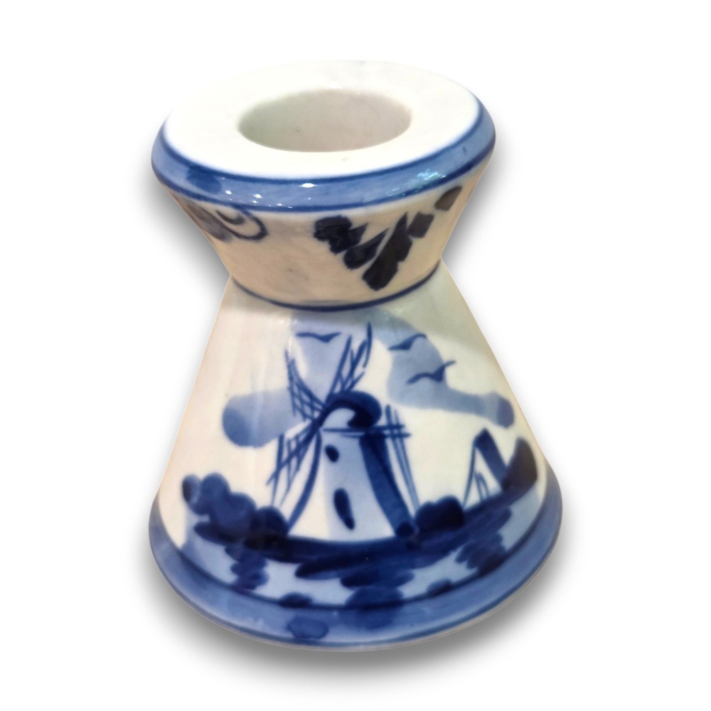 Vintage Delft Blue Holland Windmill Hand Painted Ceramic Taper Candle Holder 3''